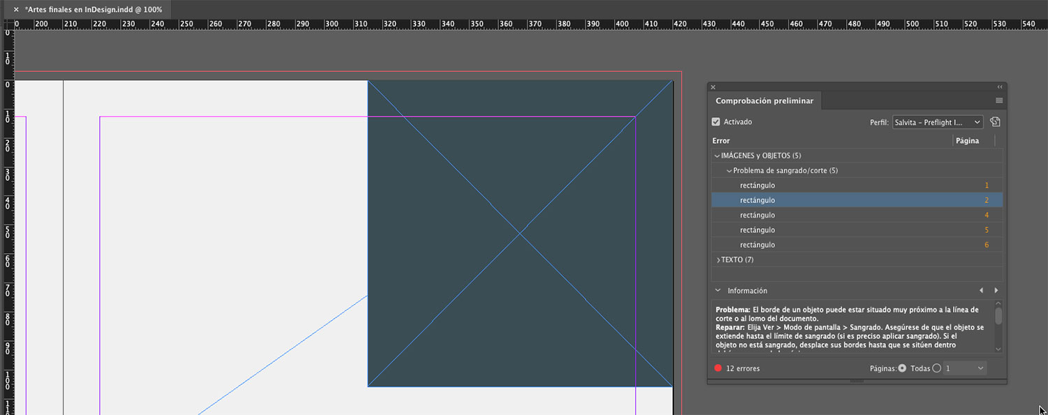 Artes finales en Adobe InDesign. Paleta comprobación preliminar