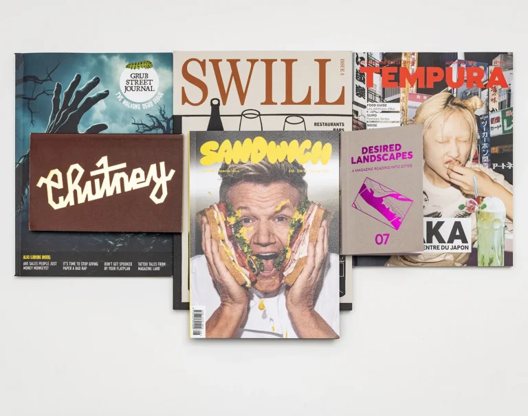 Foto de familia con las revistas Swill, Chutney, Grub Street Journal, Desired landscapes, Tempura y Sandwich.