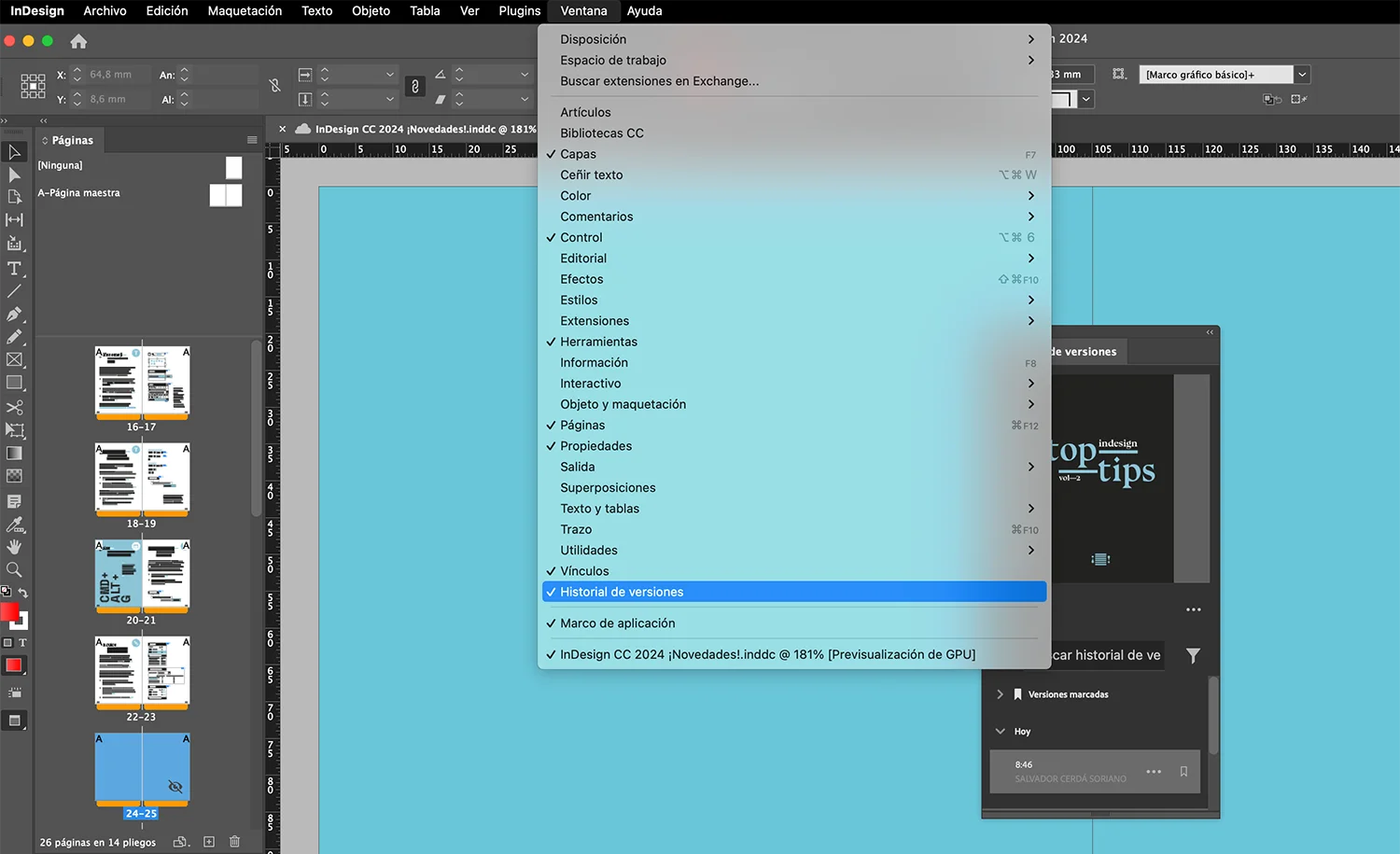Novedades actualización InDesign CC 2024. Historial de versiones