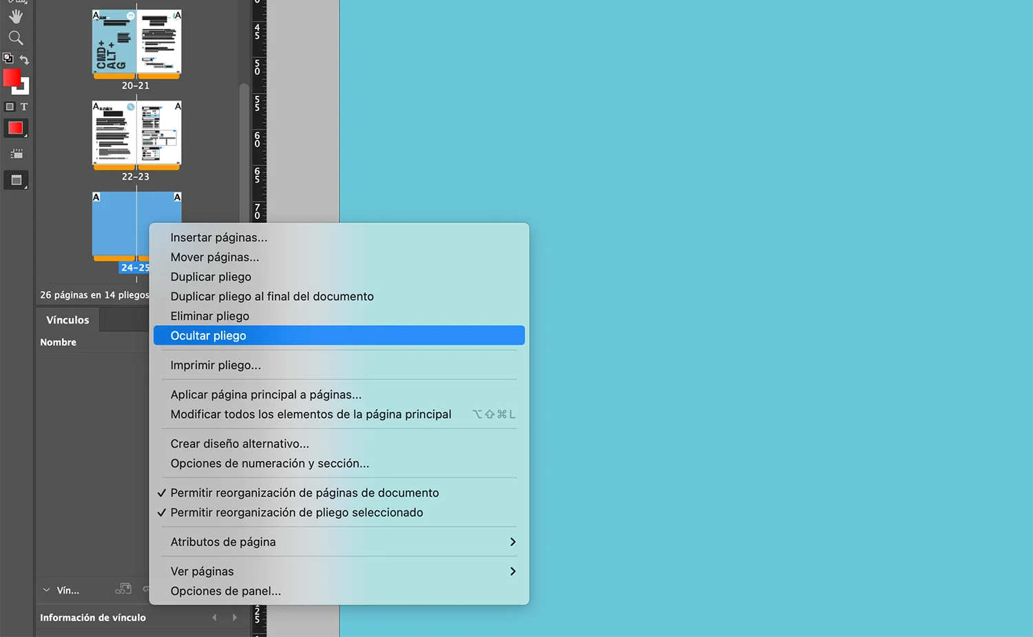 Novedades actualización InDesign CC 2024. Ocultar pliegos