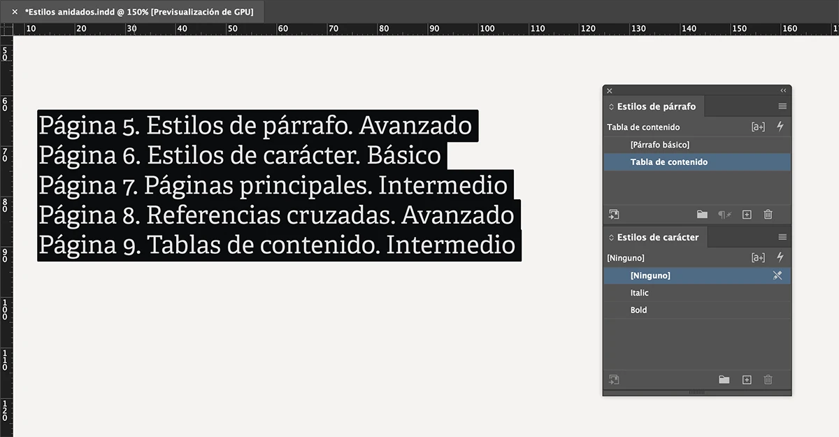 Estilos anidados en Adobe InDesign. Proceso de aplicación